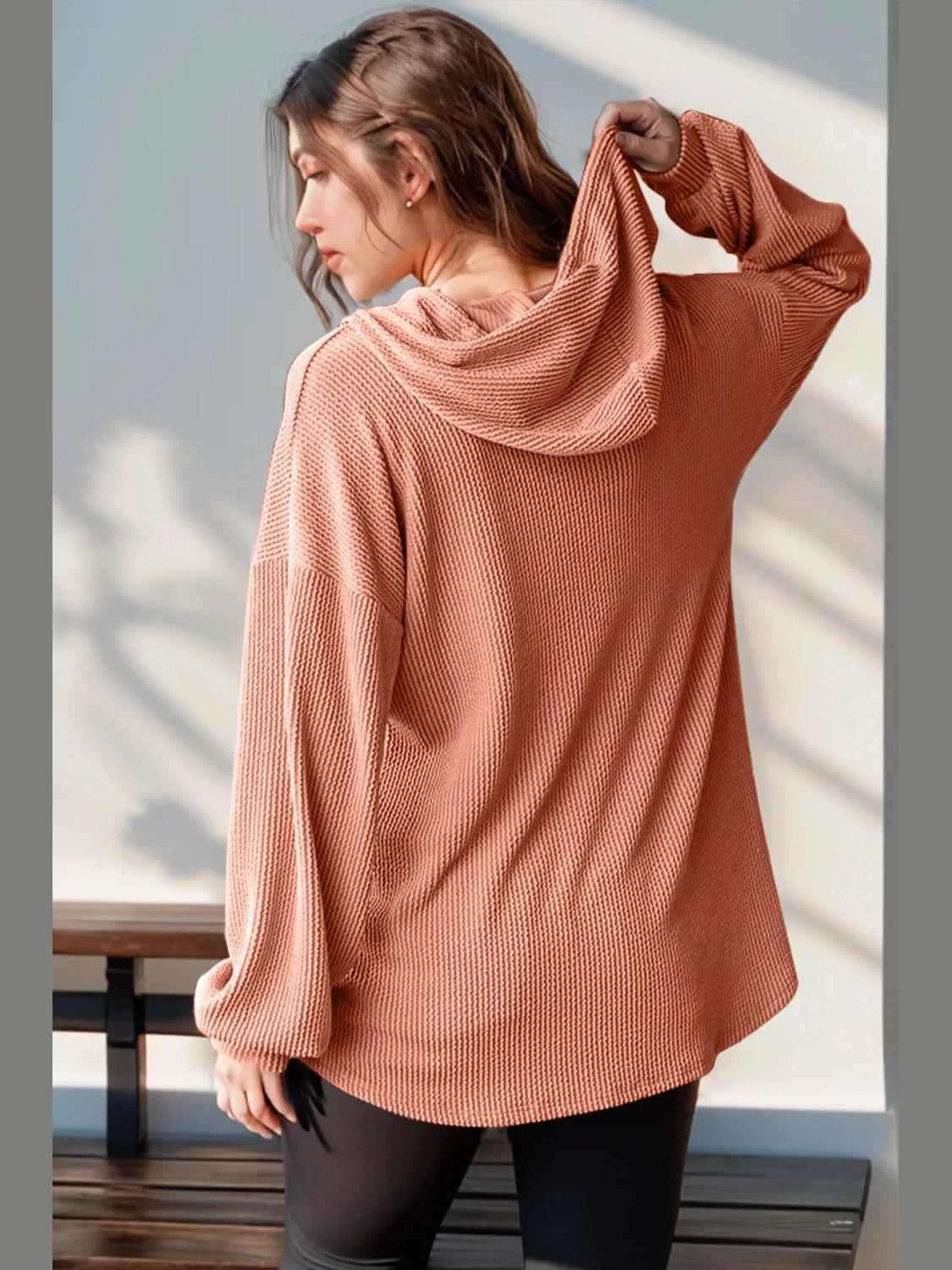 Double Take Full Size Half Button Long Sleeve Hoodie Trendsi