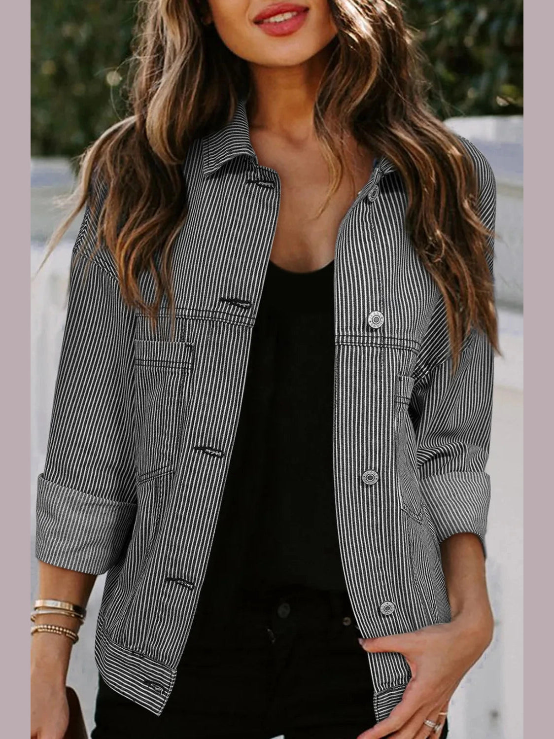 Striped Button Up Long Sleeve Denim Jacket nicholesgifts