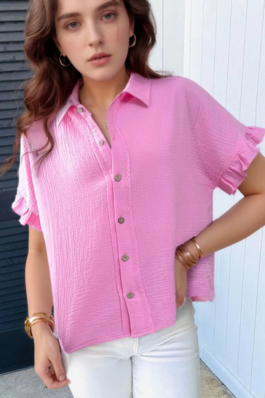 Frill Collared Neck Short Sleeve Shirt Trendsi