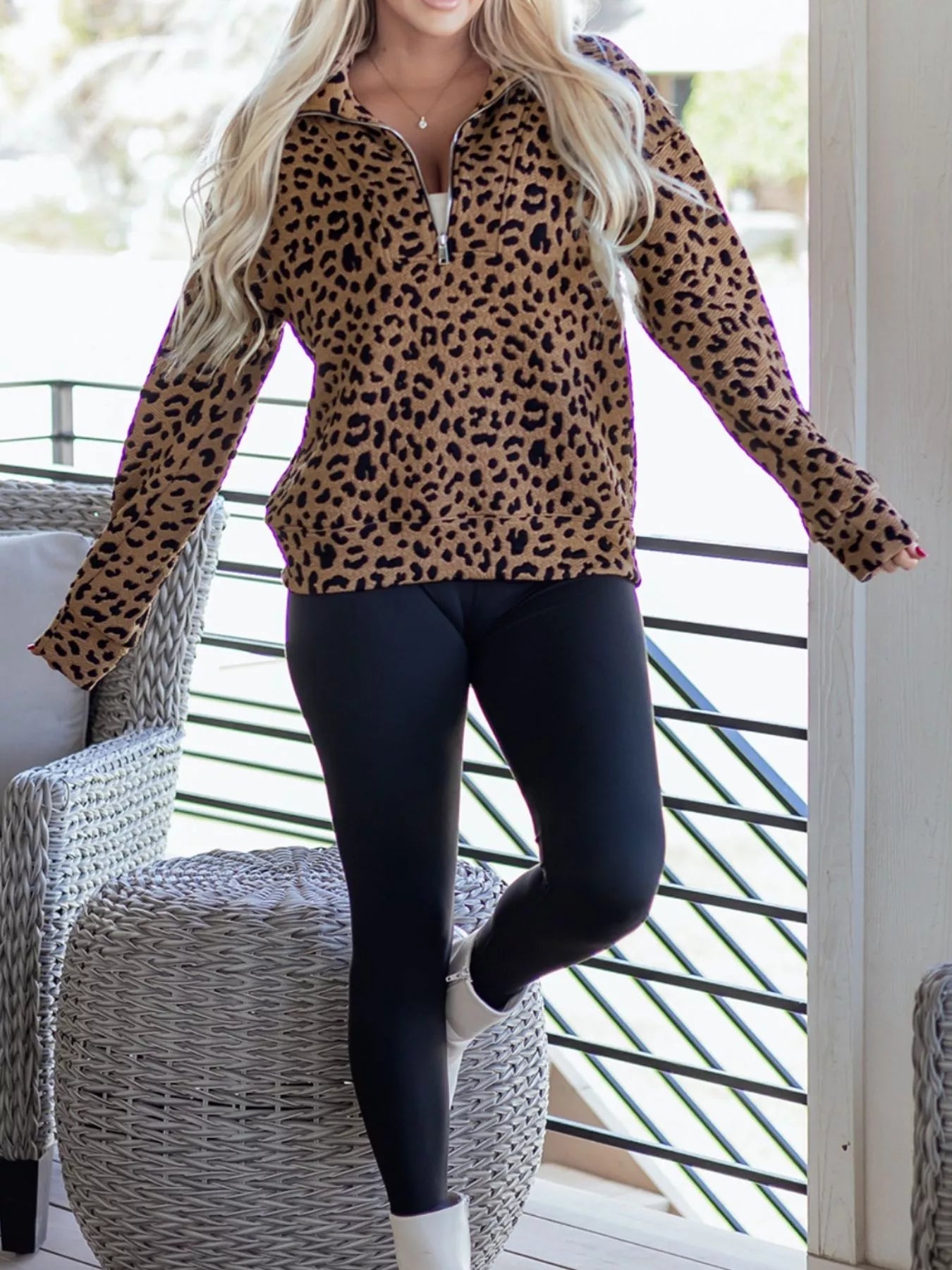 Leopard Print Quarter Zip Sweatshirt Trendsi