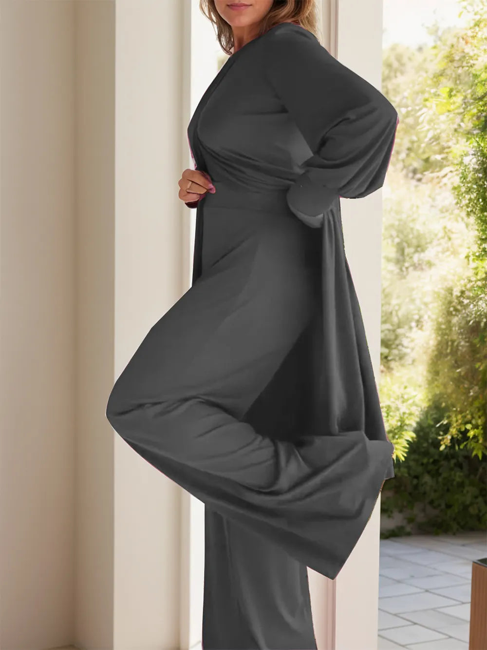 Full Size Slit Round Neck Long Sleeve Top and Pants Set Trendsi