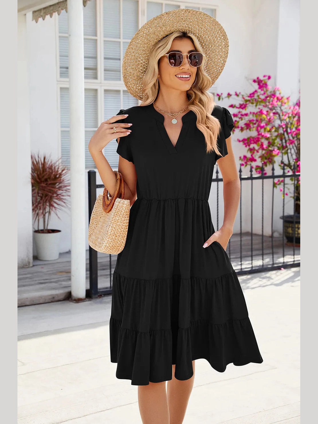 Ruched Notched Cap Sleeve Dress nicholesgifts