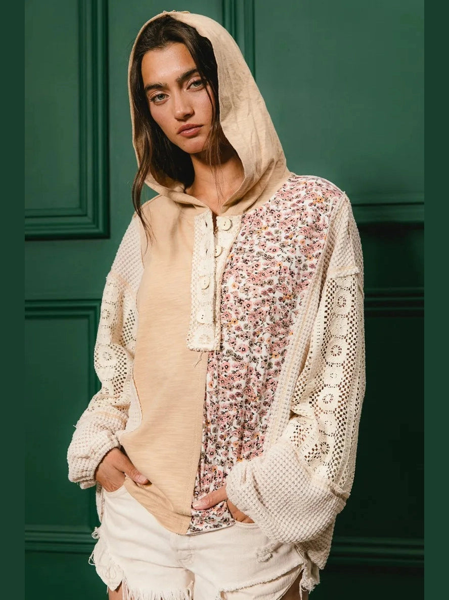 BiBi Slub Jersey with Lace Combo Buttoned Hoodie Top