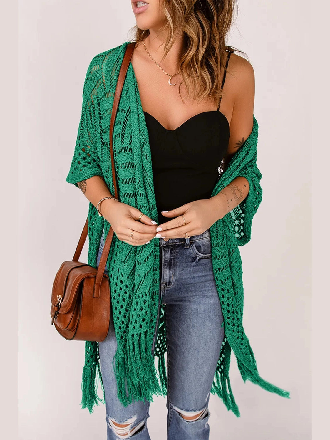 Openwork Open Front Cardigan with Fringes nicholesgifts