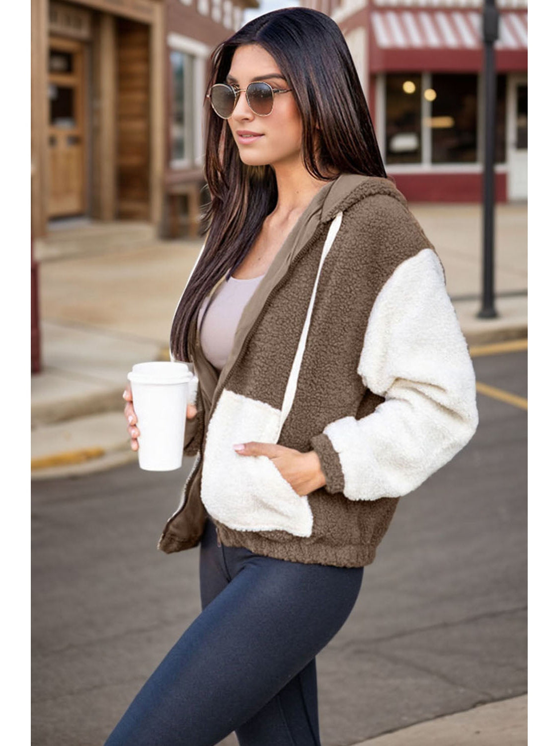 Fuzzy Zip Up Drawstring Hooded Jacket nicholesgifts