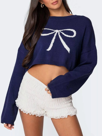 Bow Round Neck Cropped Sweater nicholesgifts