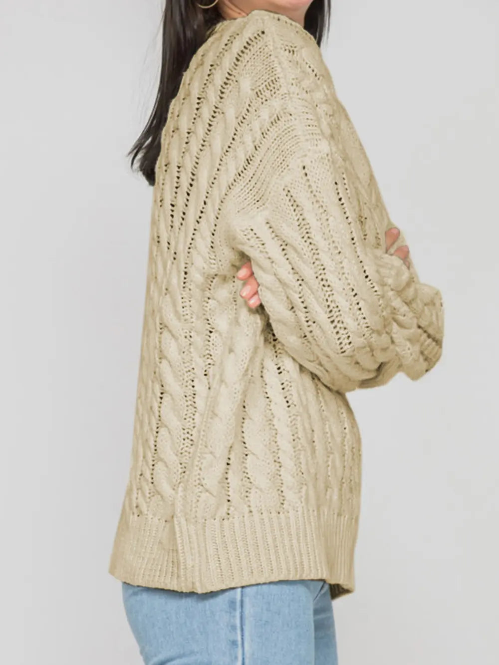 Openwork Round Sleeve Cable-Knit Sweater Trendsi