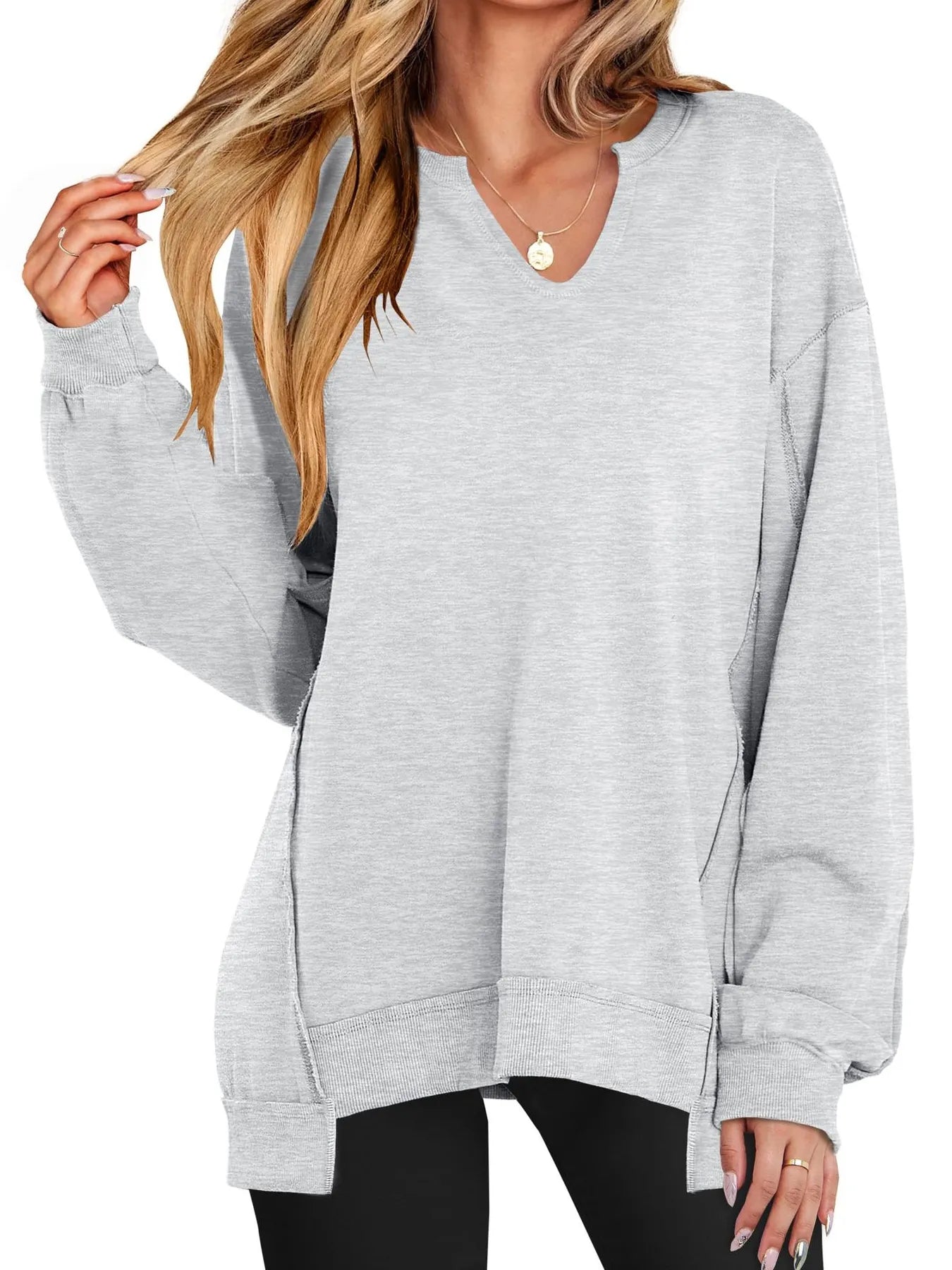 Notched Long Sleeve Oversized Sweatshirt