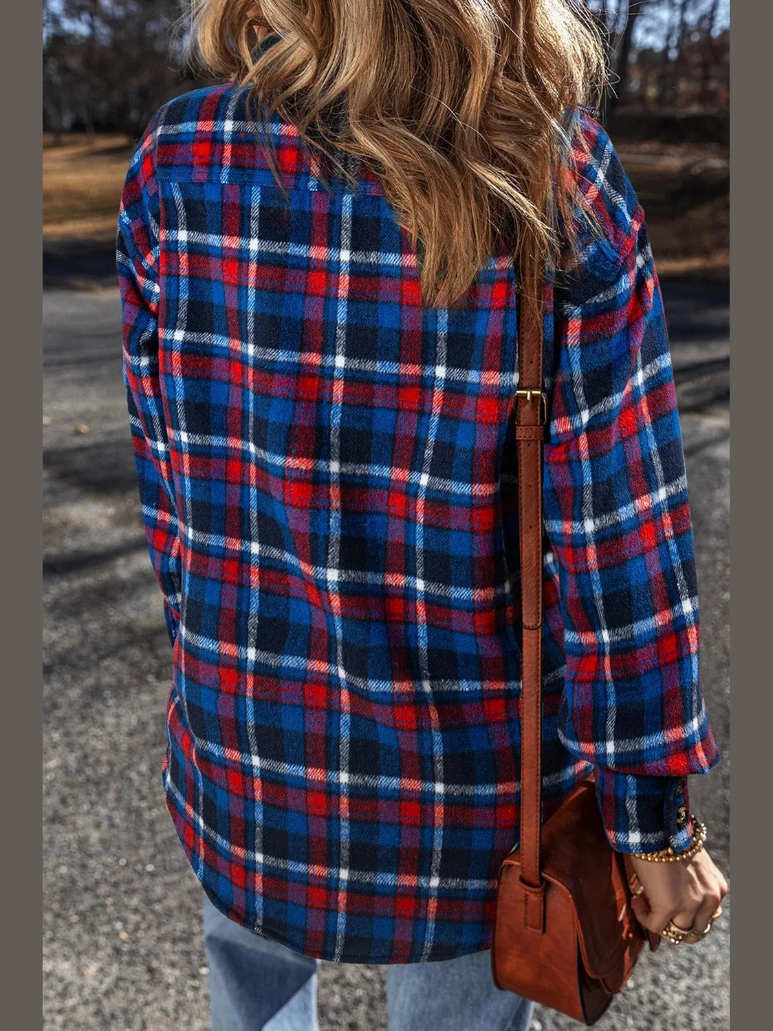 Pocketed Plaid Collared Neck Long Sleeve Shacket Trendsi