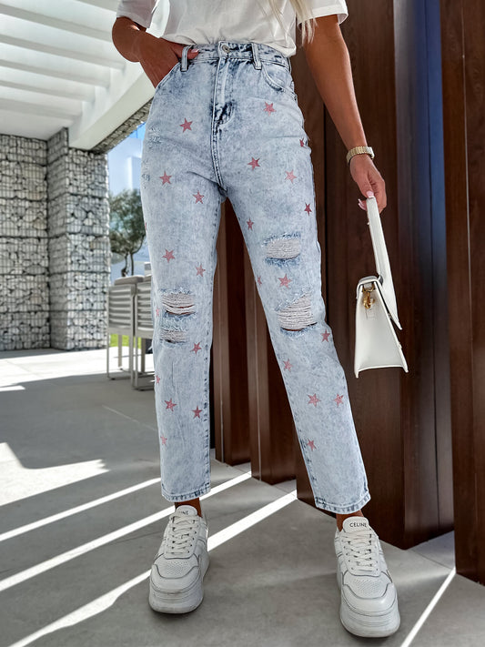 Distressed Star Straight Jeans with Pockets NicholesGifts