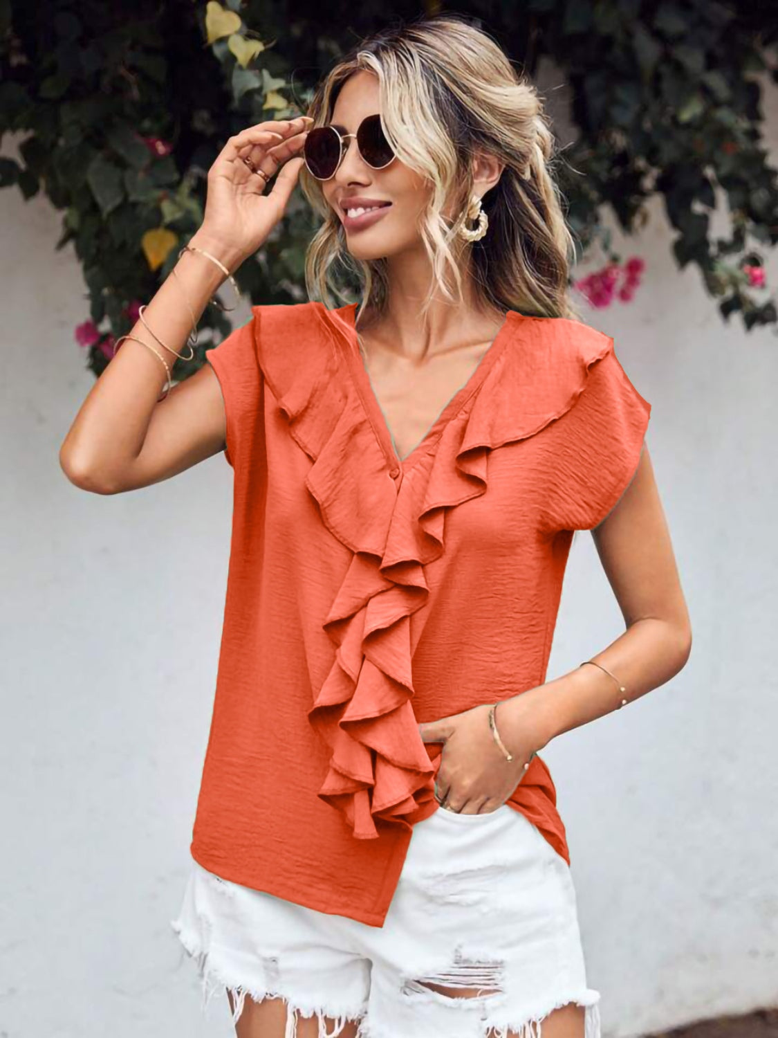 Ruffled V-Neck Short Sleeve Blouse nicholesgifts