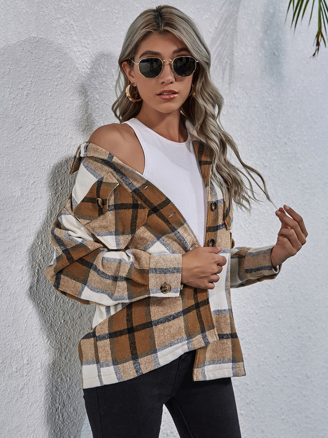 Plaid Button Down Collared Jacket nicholesgifts