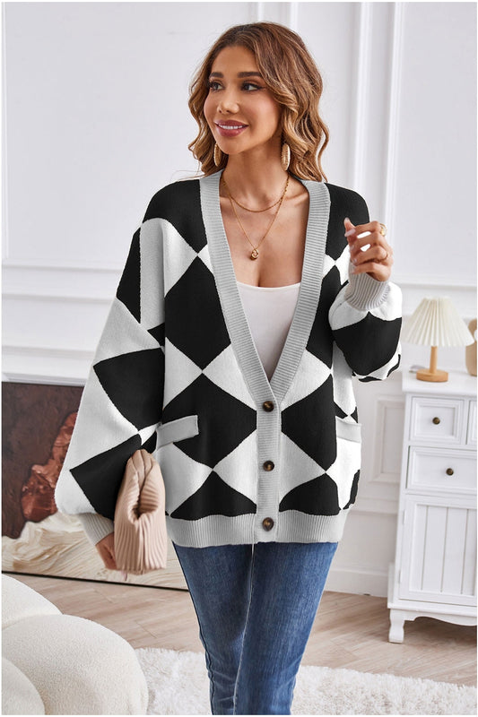 NicholesGifts Women Geometric Lantern Sleeve Cardigan with Pockets NicholesGifts