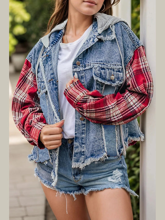 Raw Hem Drawstring Plaid Denim Jacket nicholesgifts