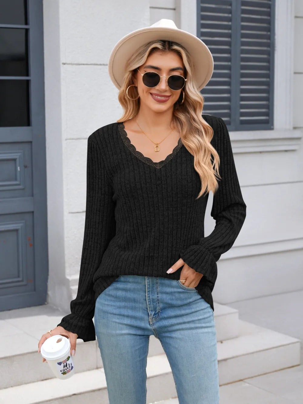 Lace Detail V-Neck Long Sleeve T-Shirt NicholesGifts