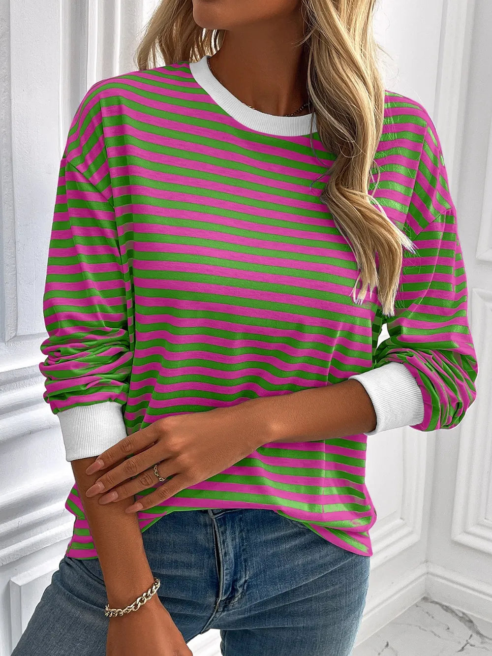 Ivy Lane Striped Round Neck Long Sleeve Sweatshirt Trendsi