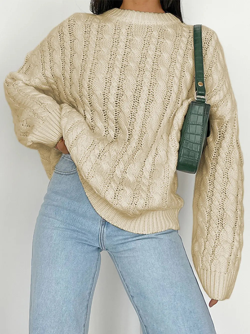 Openwork Round Sleeve Cable-Knit Sweater Trendsi