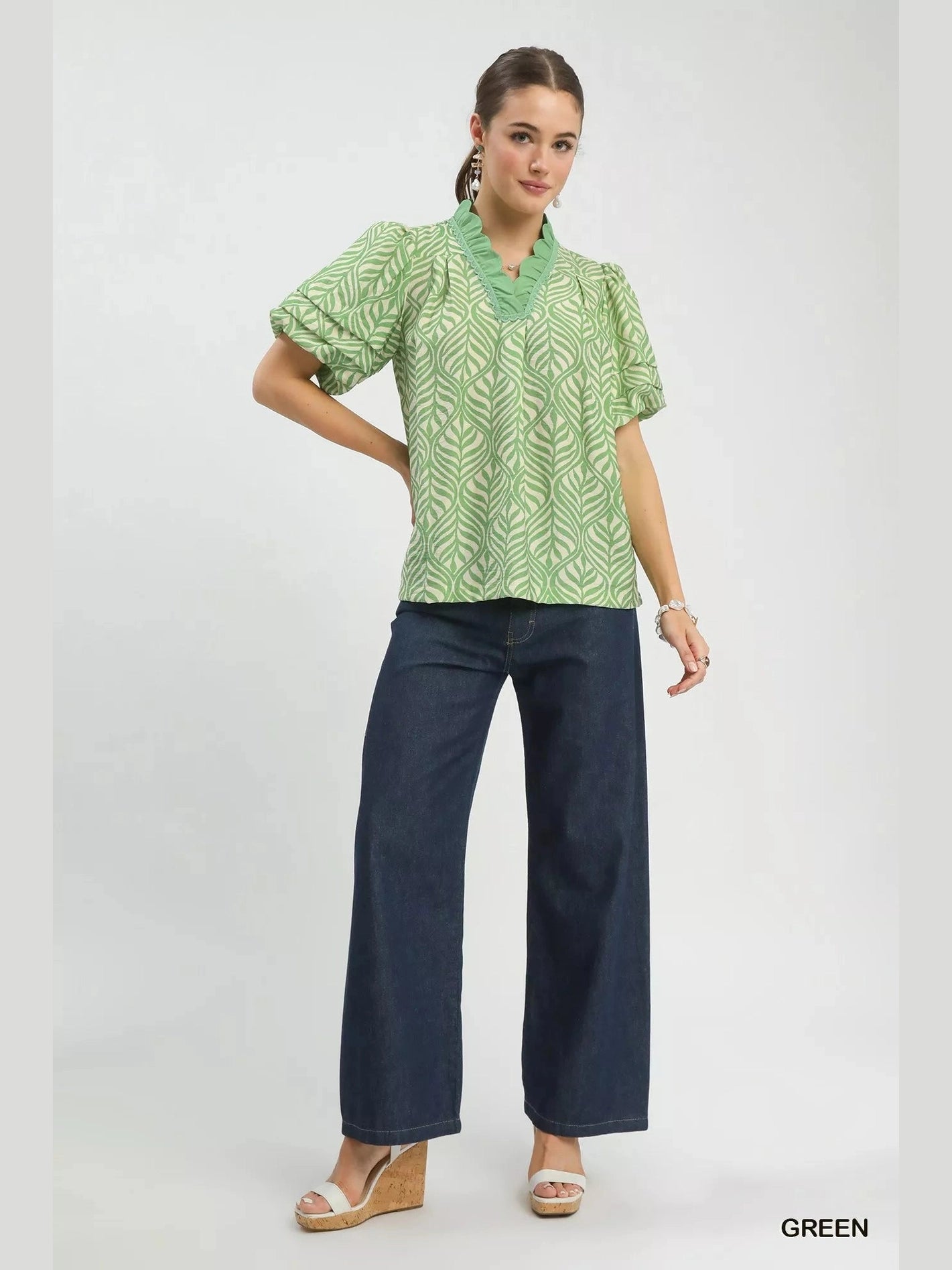 Umgee Printed Puff Sleeve Ruffle Neck Top Trendsi