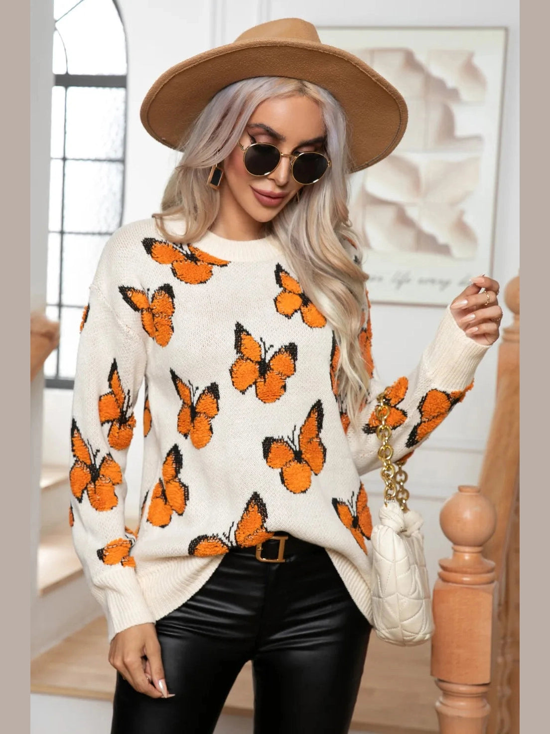 Butterfly Round Neck Long Sleeve Sweater Trendsi