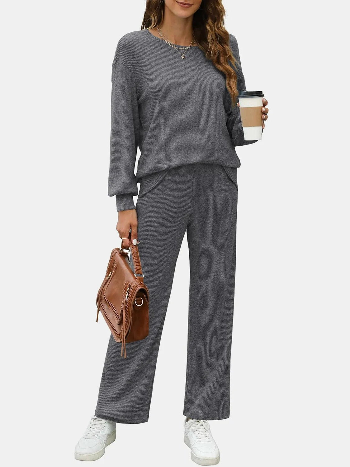 Round Neck Long Sleeve Top and Pants Set nicholesgifts
