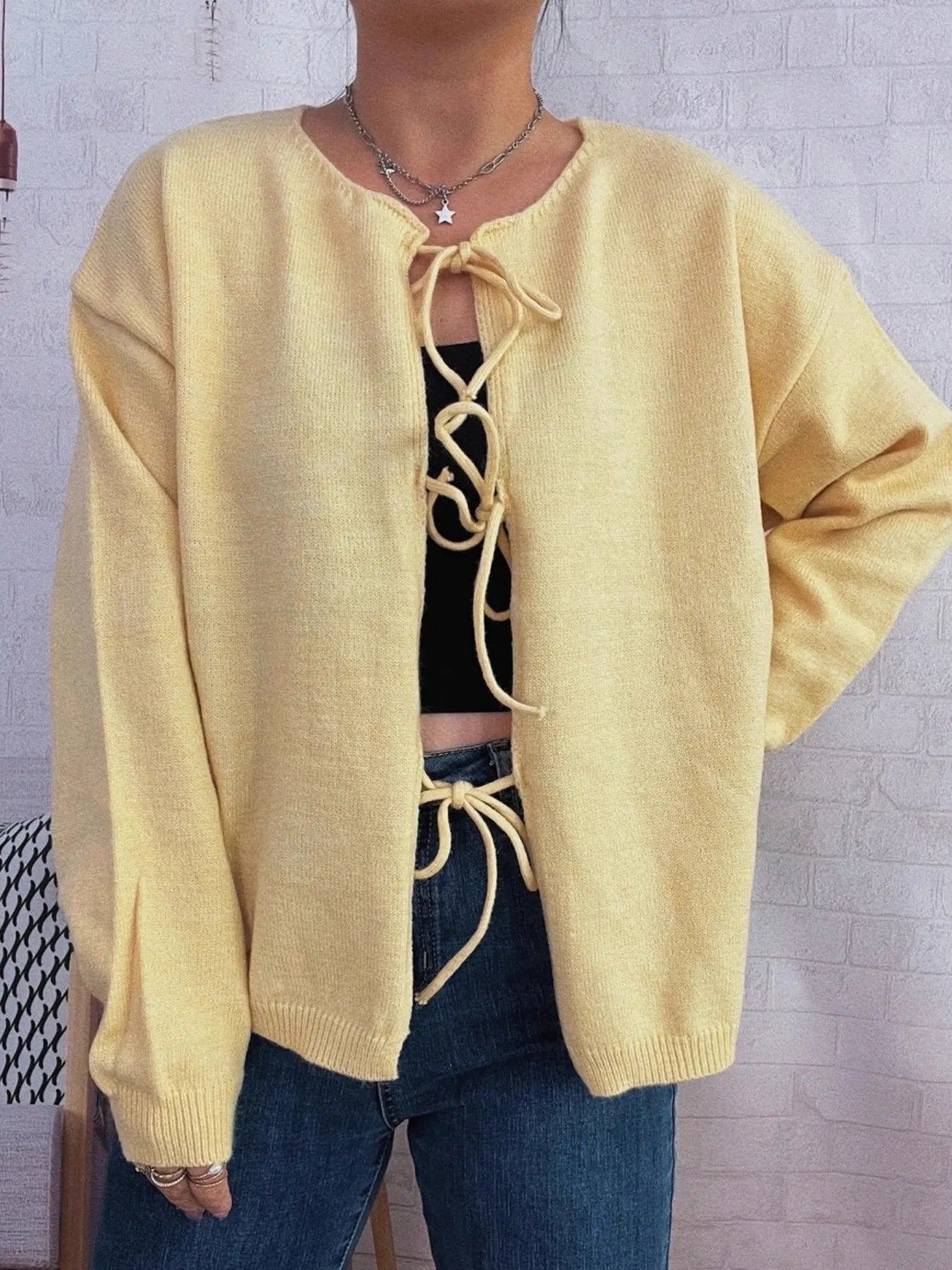 Tie Front Drop Shoulder Cardigan Trendsi