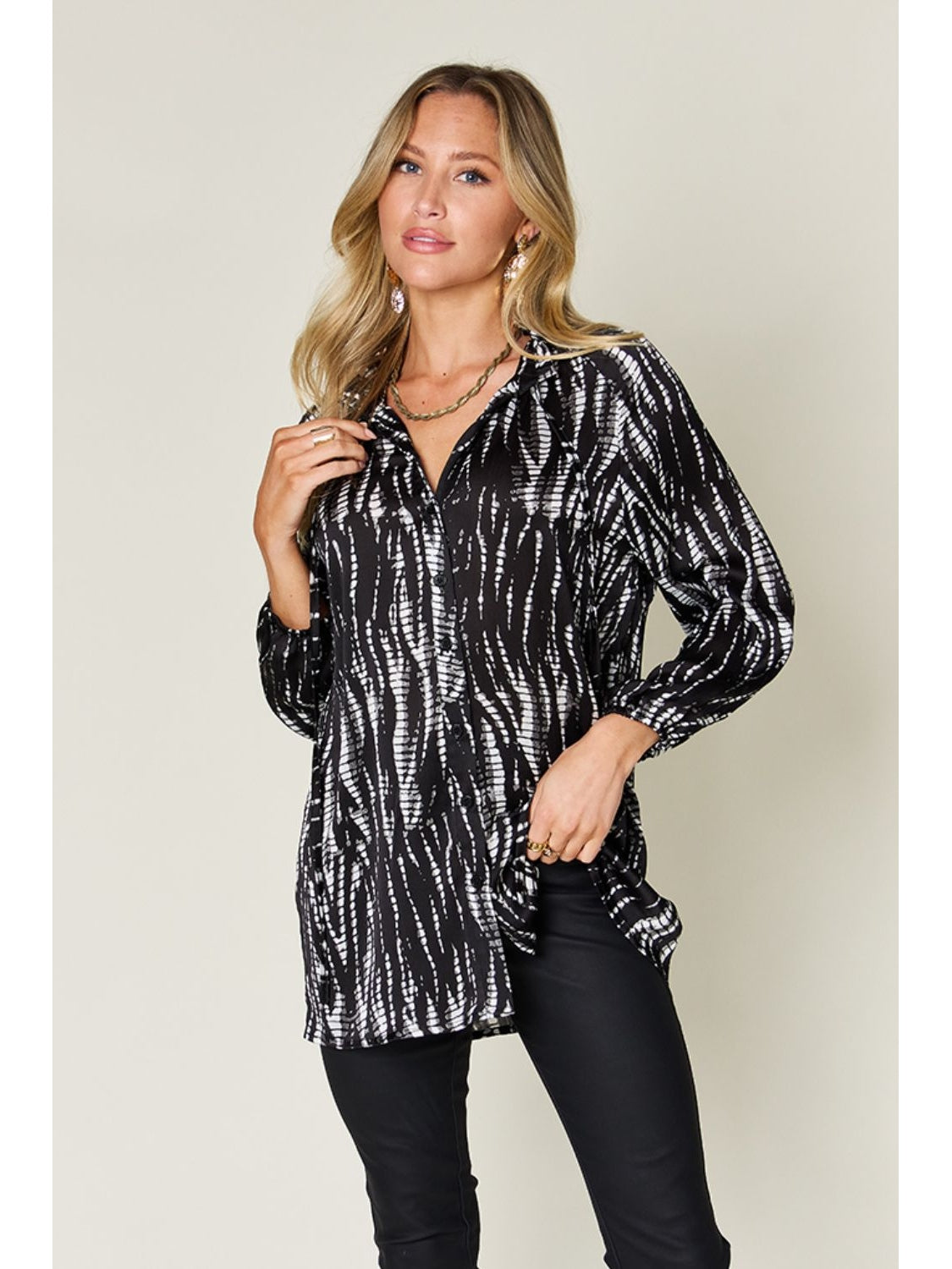 Women Double Take Full Size Printed Button Up Long Sleeve Shirt nicholesgifts