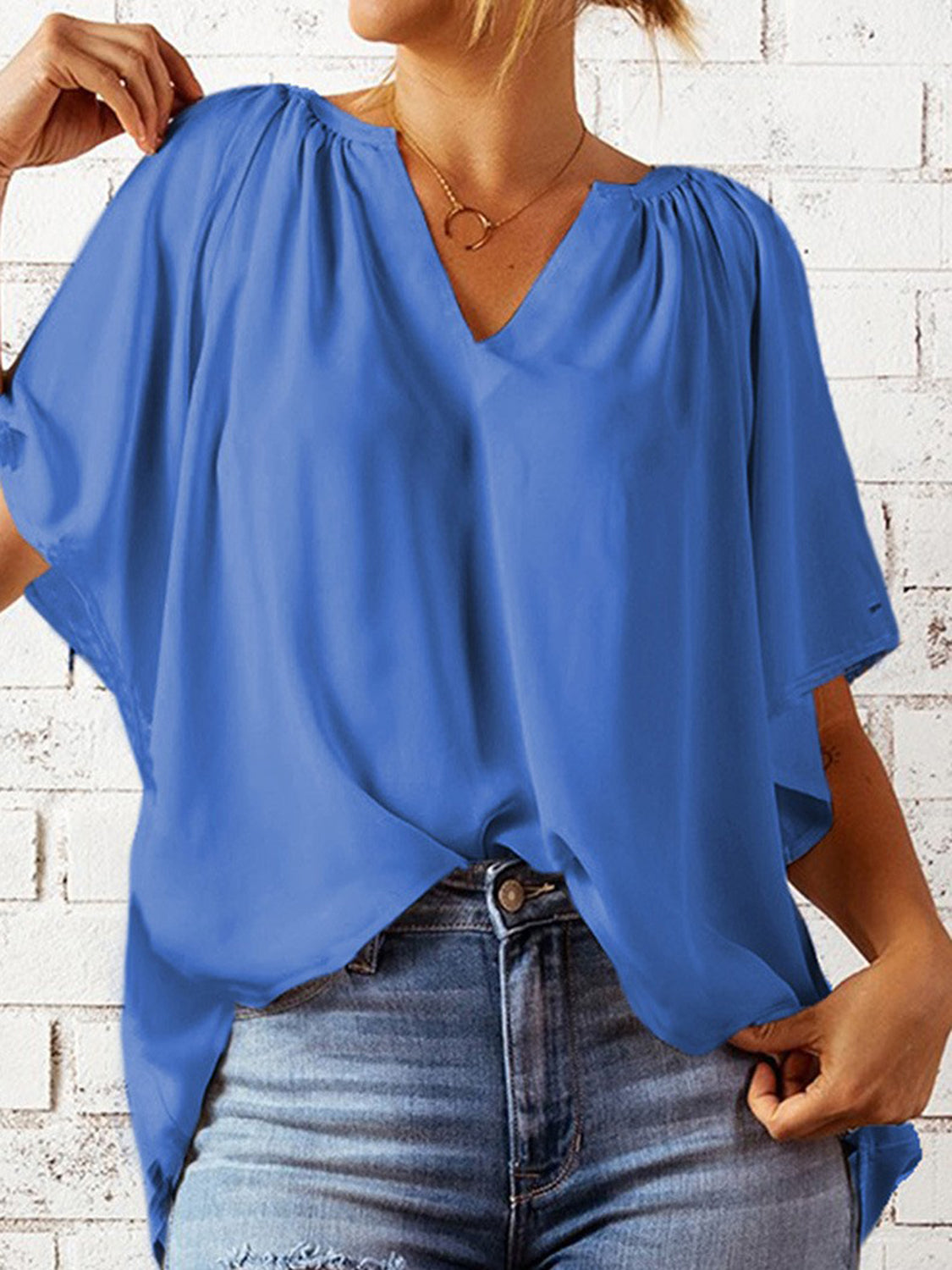 Ruched Notched Half Sleeve Blouse nicholesgifts