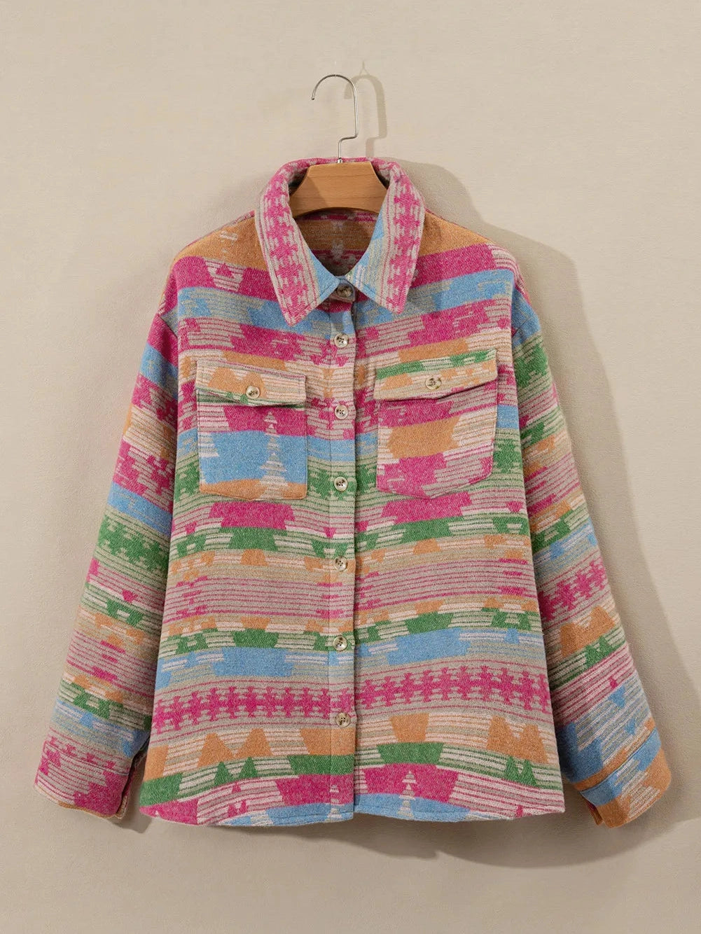 Plus Size Pocketed Printed Collared Neck Jacket Trendsi