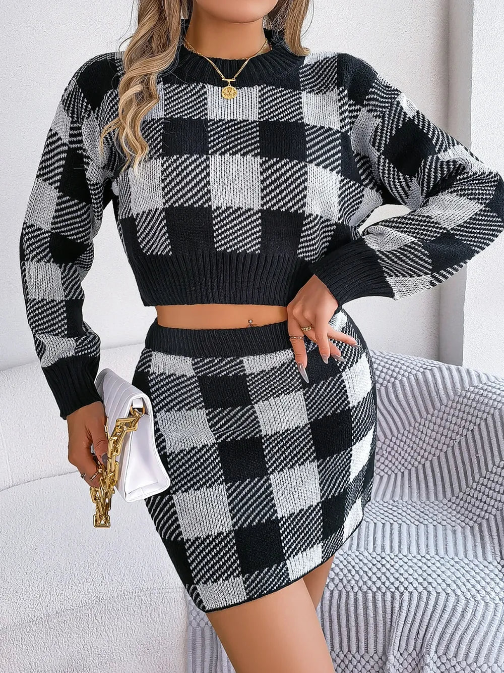 Plaid Round Neck Top and Skirt Sweater Set nicholesgifts