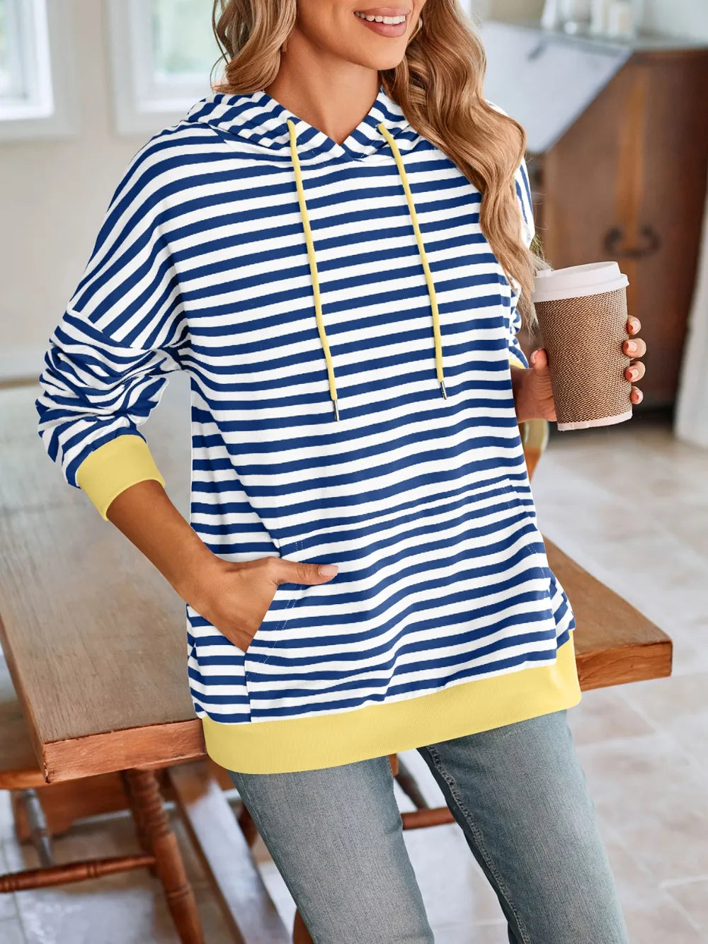Lovelet Drawstring Striped Long Sleeve Hoodie Trendsi