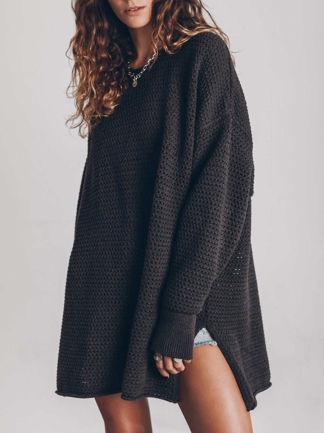 Openwork Round Neck Long Sleeve Slit Sweater nicholesgifts