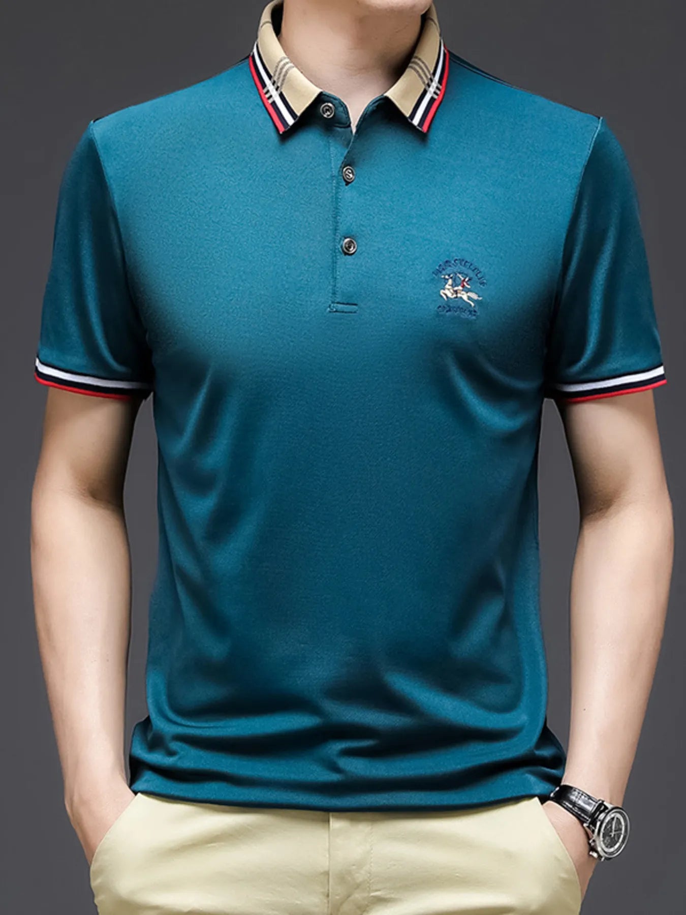 Men's Plus Size Striped Collar Short Sleeve Polo Shirt NicholesGifts
