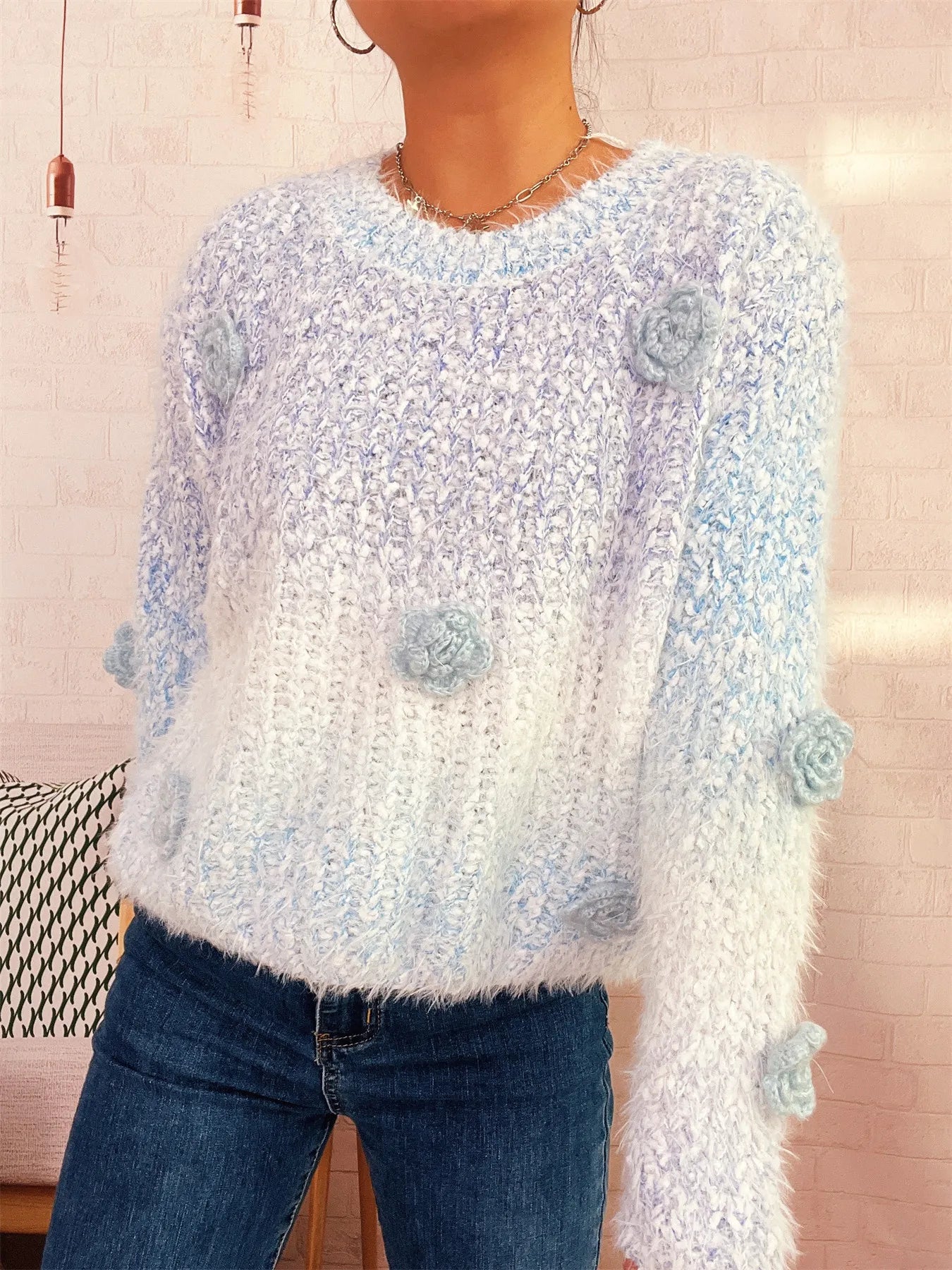 Flower Embellished Round Neck Sweater