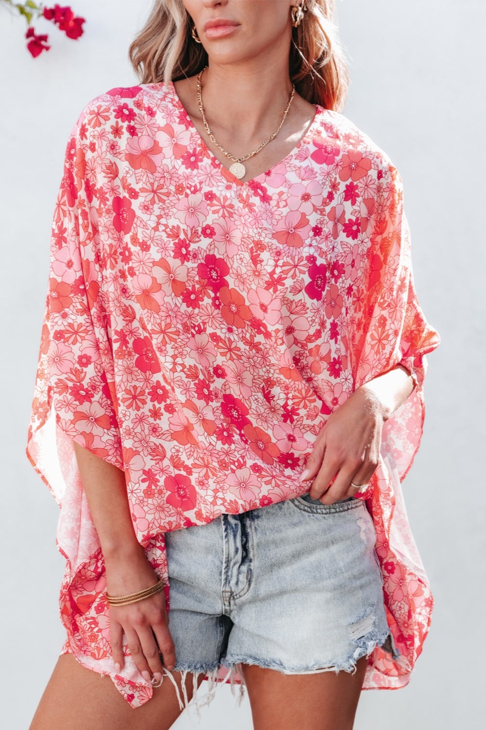 Floral V-Neck Three-Quarter Sleeve Blouse nicholesgifts