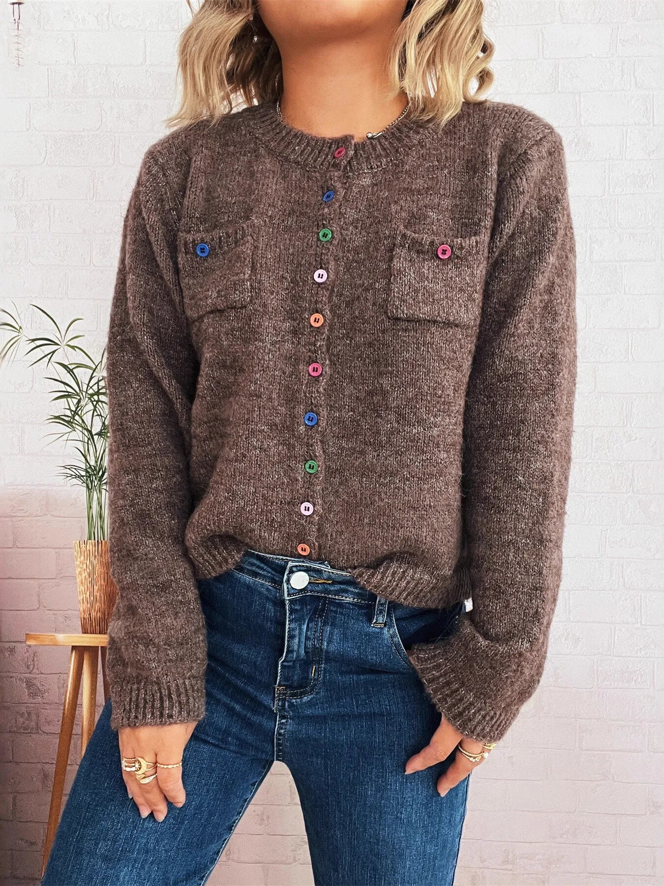Button-Up Ribbed Hem Cardigan with Chest Pocket