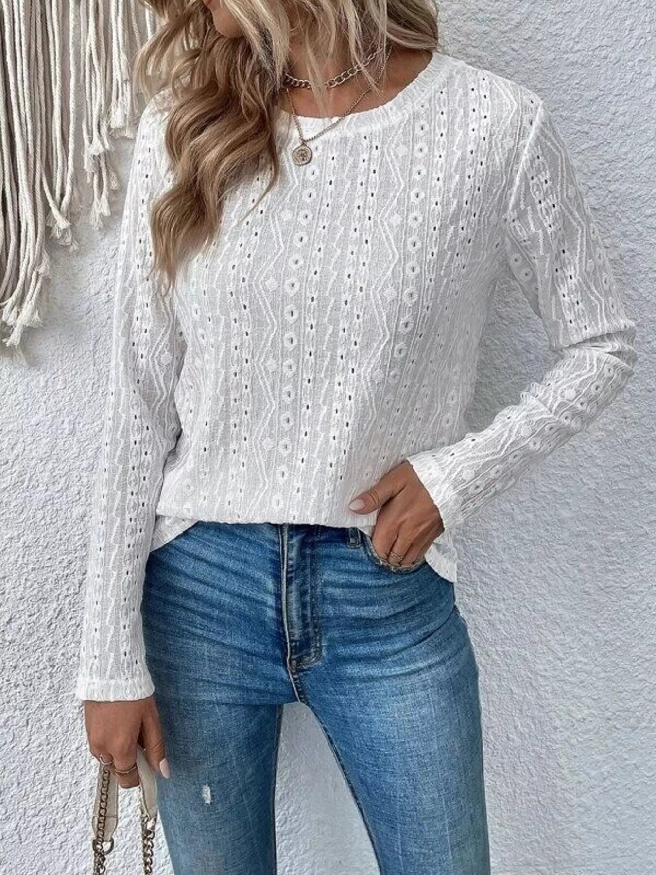 Full Size Eyelet Round Neck Long Sleeve Blouse Plus Size Trendsi