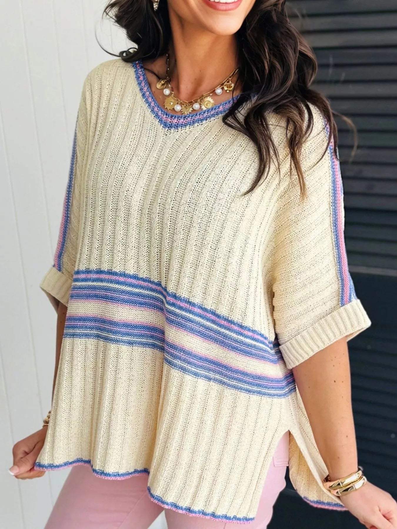Striped V Neck Dolman Sleeve Rib Knit Oversized Sweater with Slits Trendsi