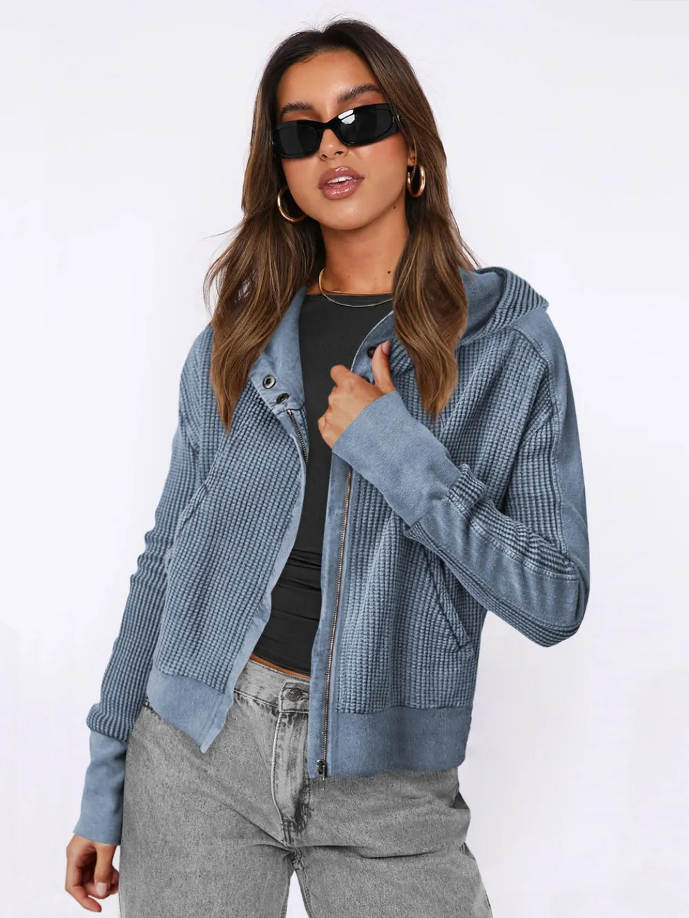 Waffle-Knit Dropped Shoulder Hooded Jacket nicholesgifts