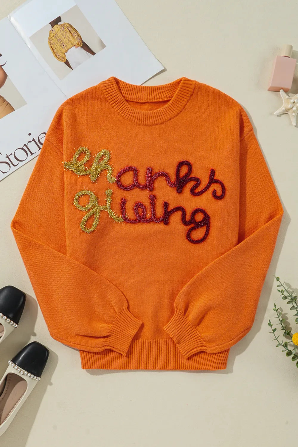 THANKSGIVING Round Neck Dropped Shoulder Sweater Trendsi