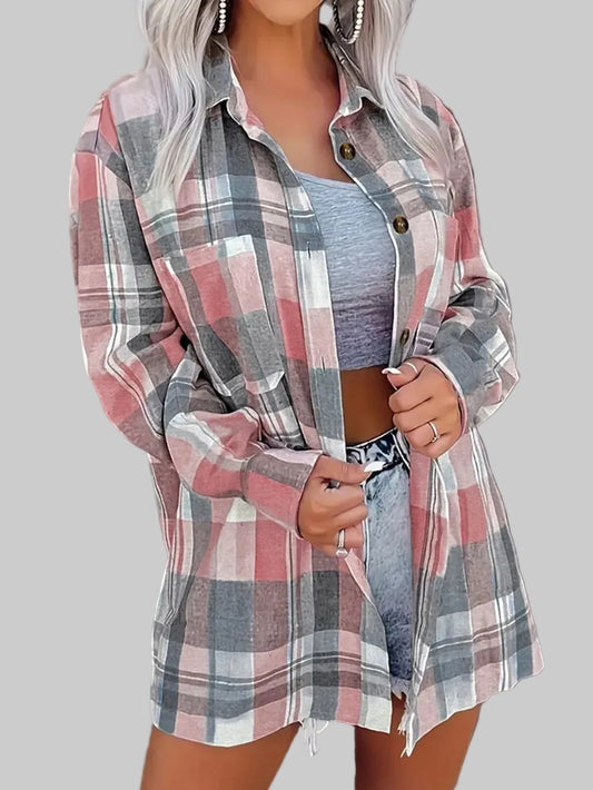 Women Pocketed Plaid Collared Neck Shacket nicholesgifts