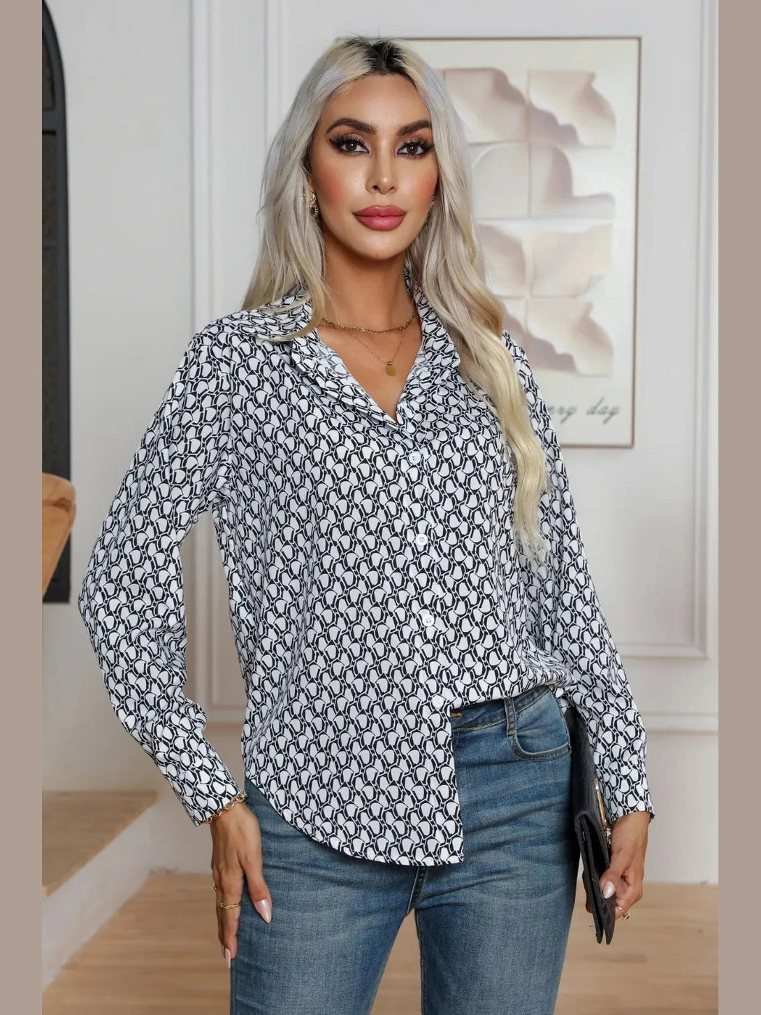 Printed Buttoned Long Sleeve Shirt NicholesGifts