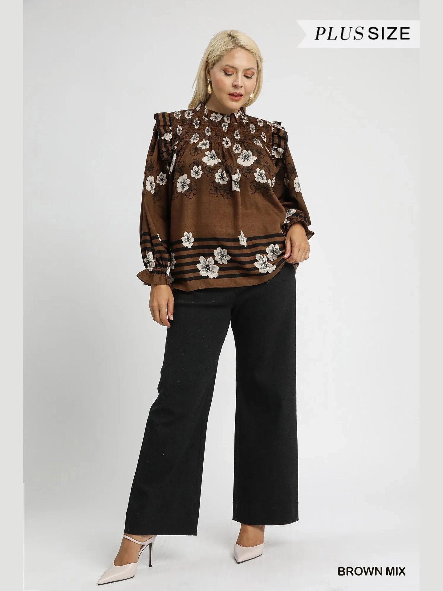 Women Umgee Full Size Mix Floral Smocked Ruffle Long Sleeve Blouse Plus Size NicholesGifts