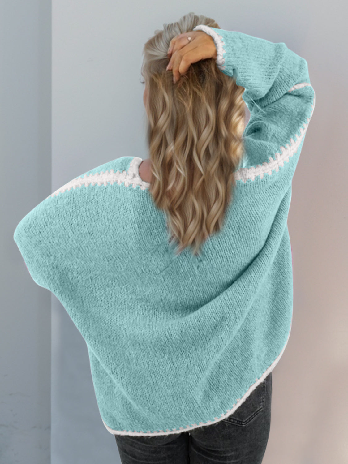 Double Take Contrast Open Front Dropped Shoulder Cardigan - NicholesGifts