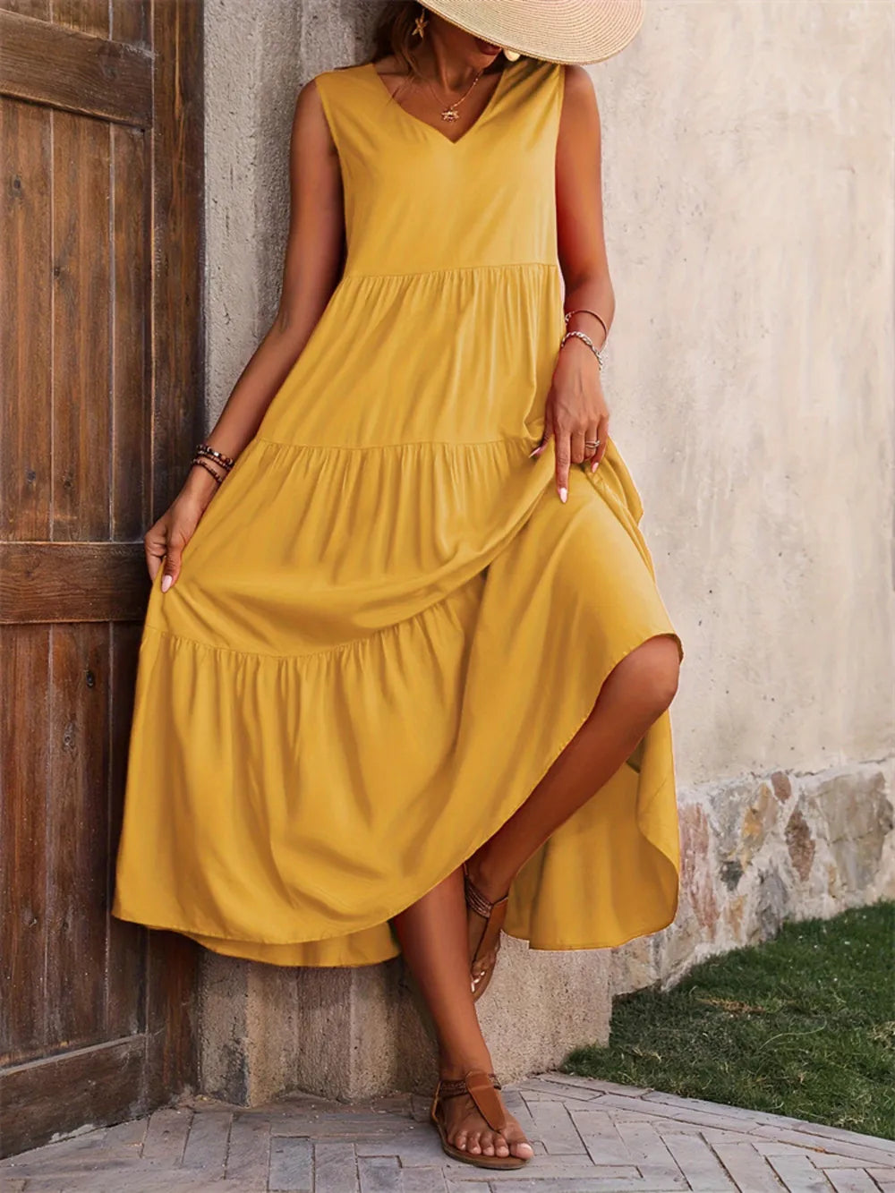 Tiered V-Neck Sleeveless Dress NicholesGifts