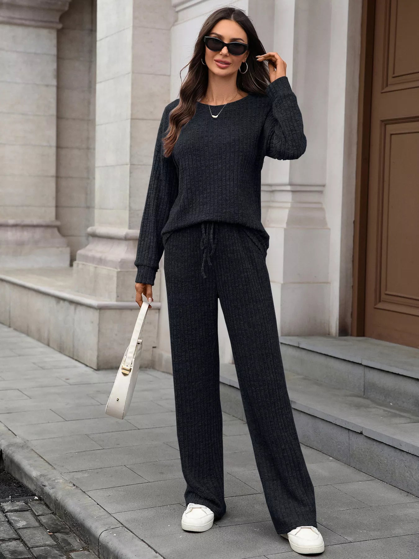 Ribbed Round Neck Top and Pants Set NicholesGifts