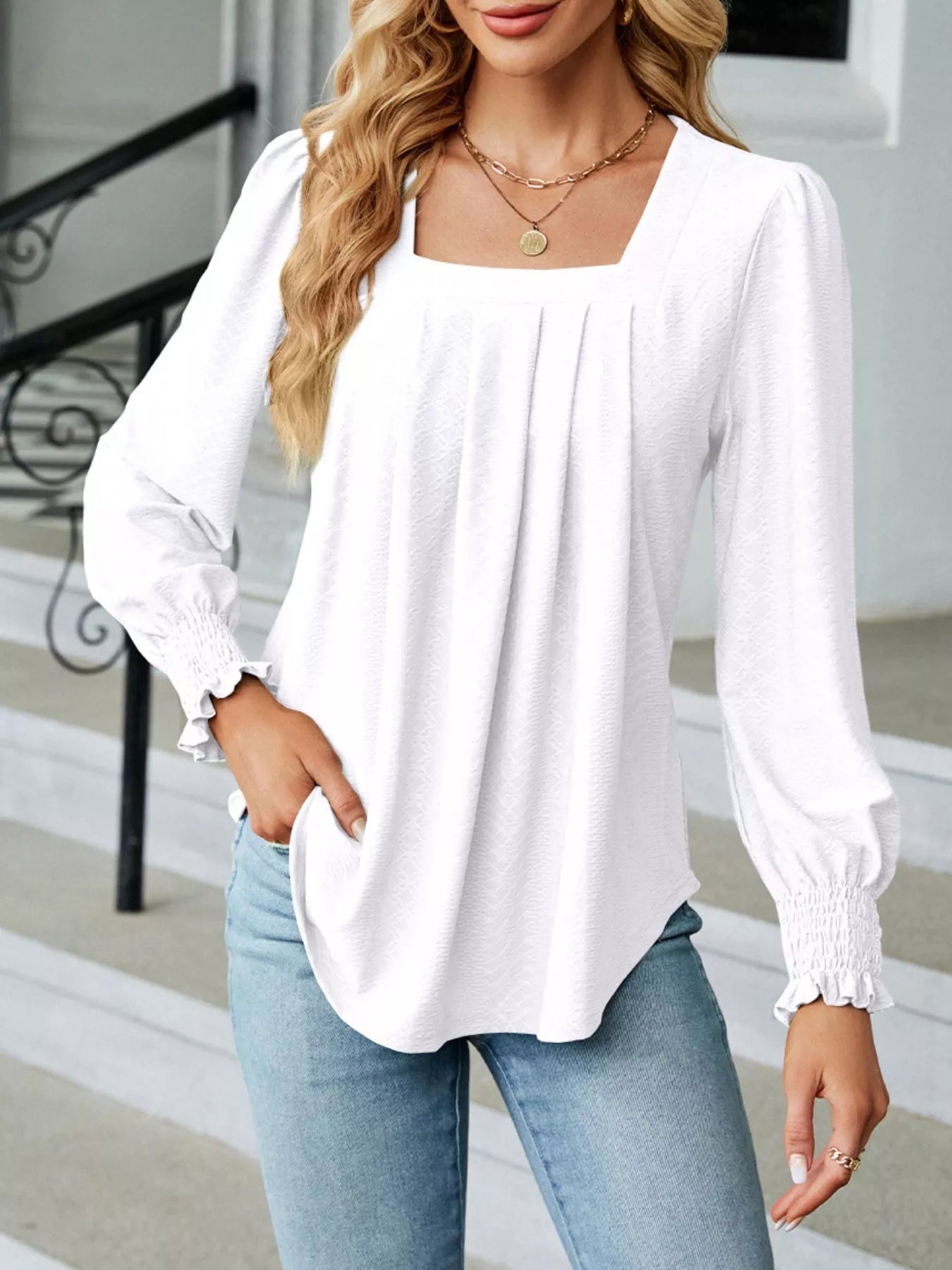 Pleated Square Neck Long Sleeve Top Trendsi