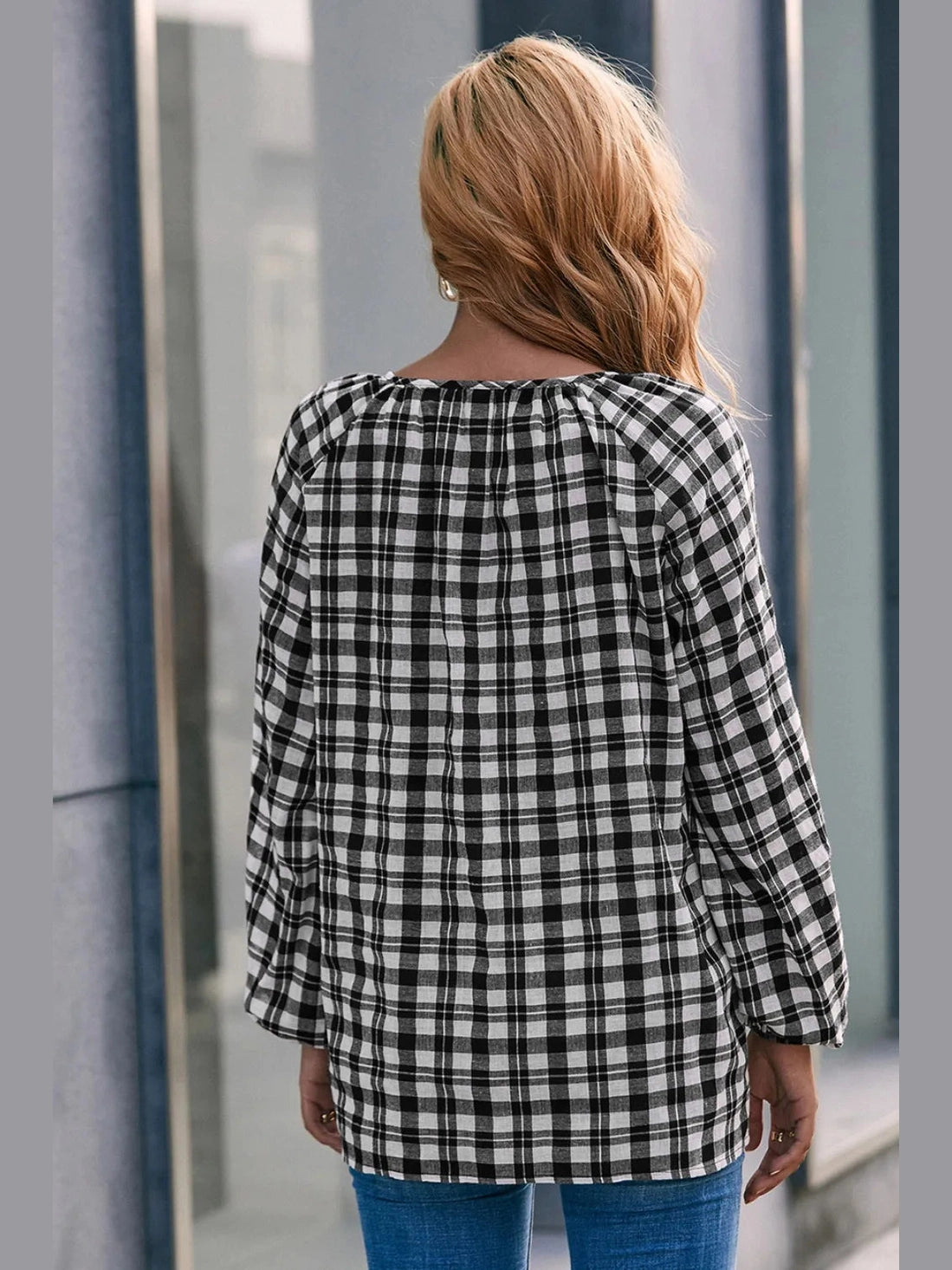 Ivy Lane Plaid Tie Neck Balloon Sleeve Blouse