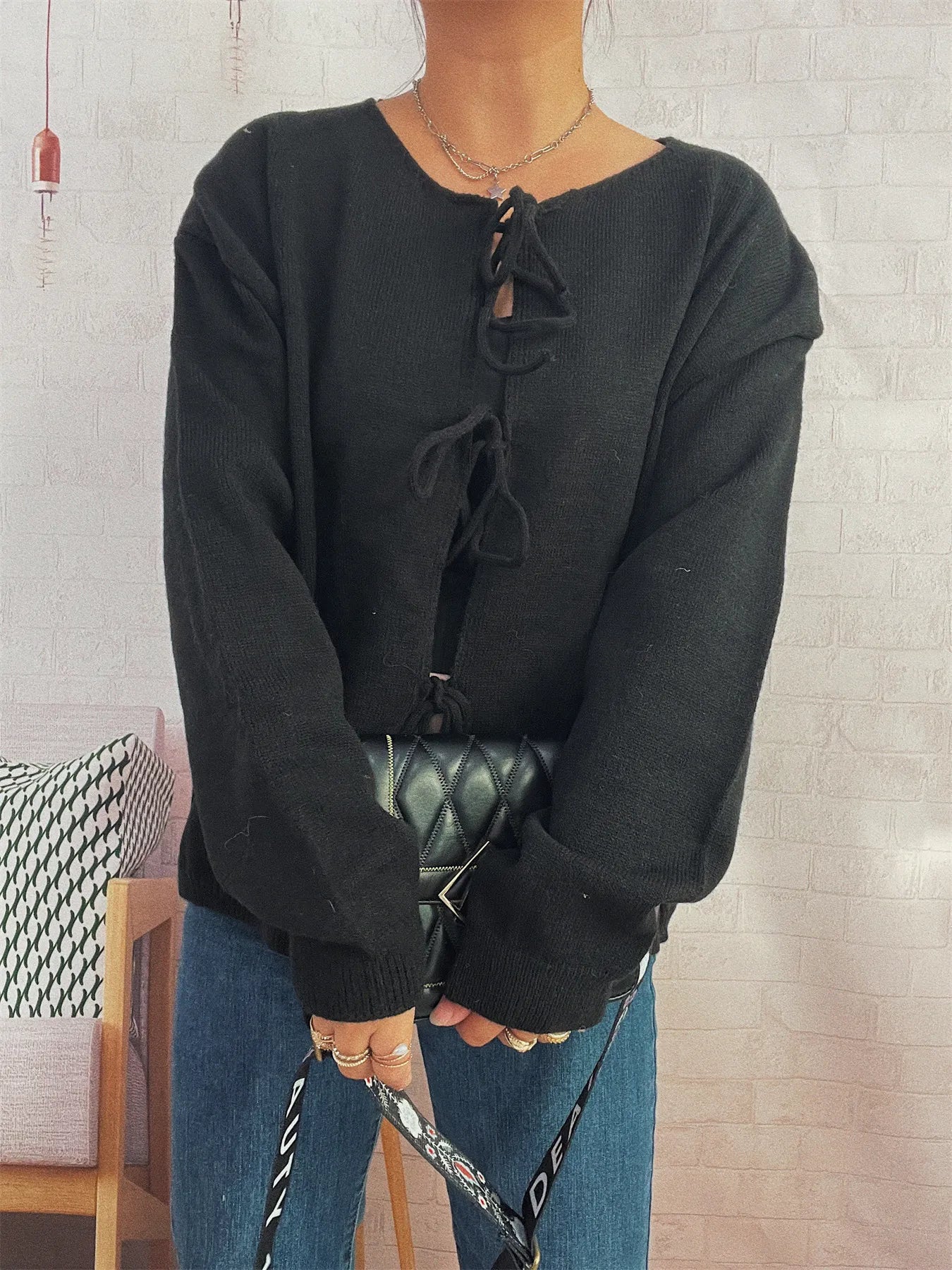 Tie Front Drop Shoulder Cardigan Trendsi