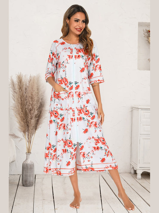 Printed Slit Night Dress with Pockets nicholesgifts