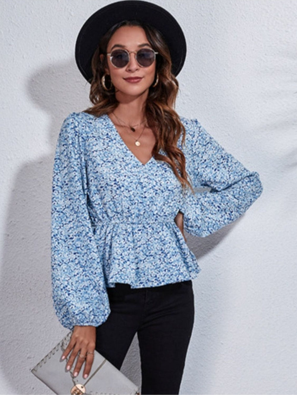 Women Ruched Printed V-Neck Long Sleeve Blouse nicholesgifts